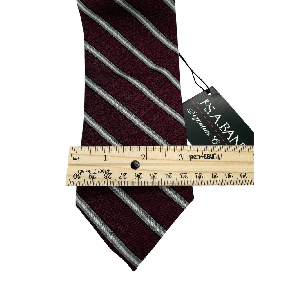 Jos A Bank Signature Collection Silk Tie Burgundy Silver Striped Long (TG10) NWT